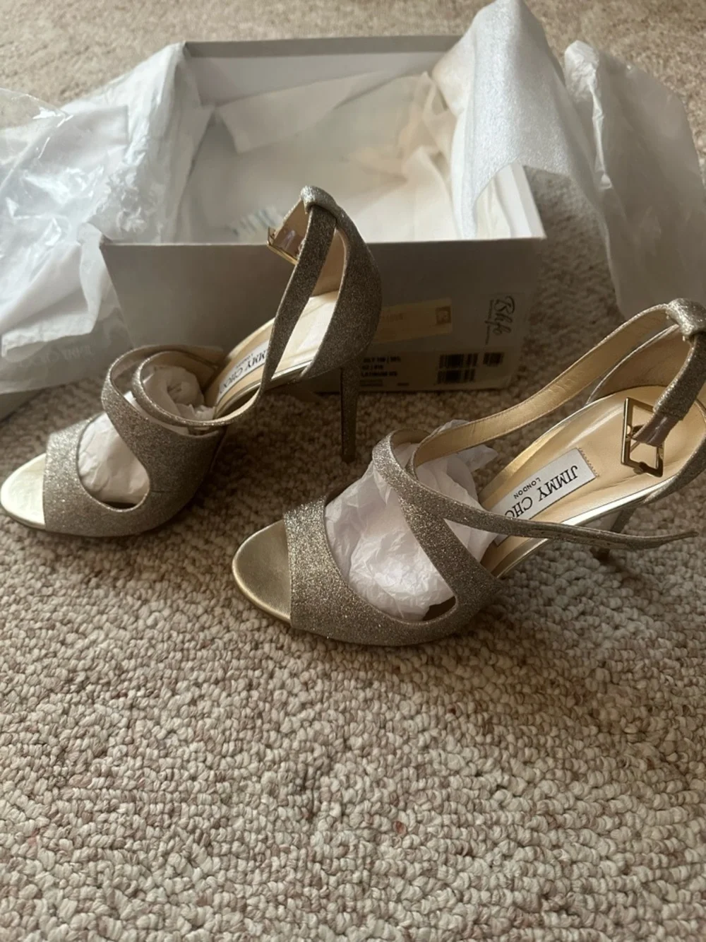 Jimmy Choo Champagne Gold Glitter Ankle-Strap Heels - Picture 2 of 5